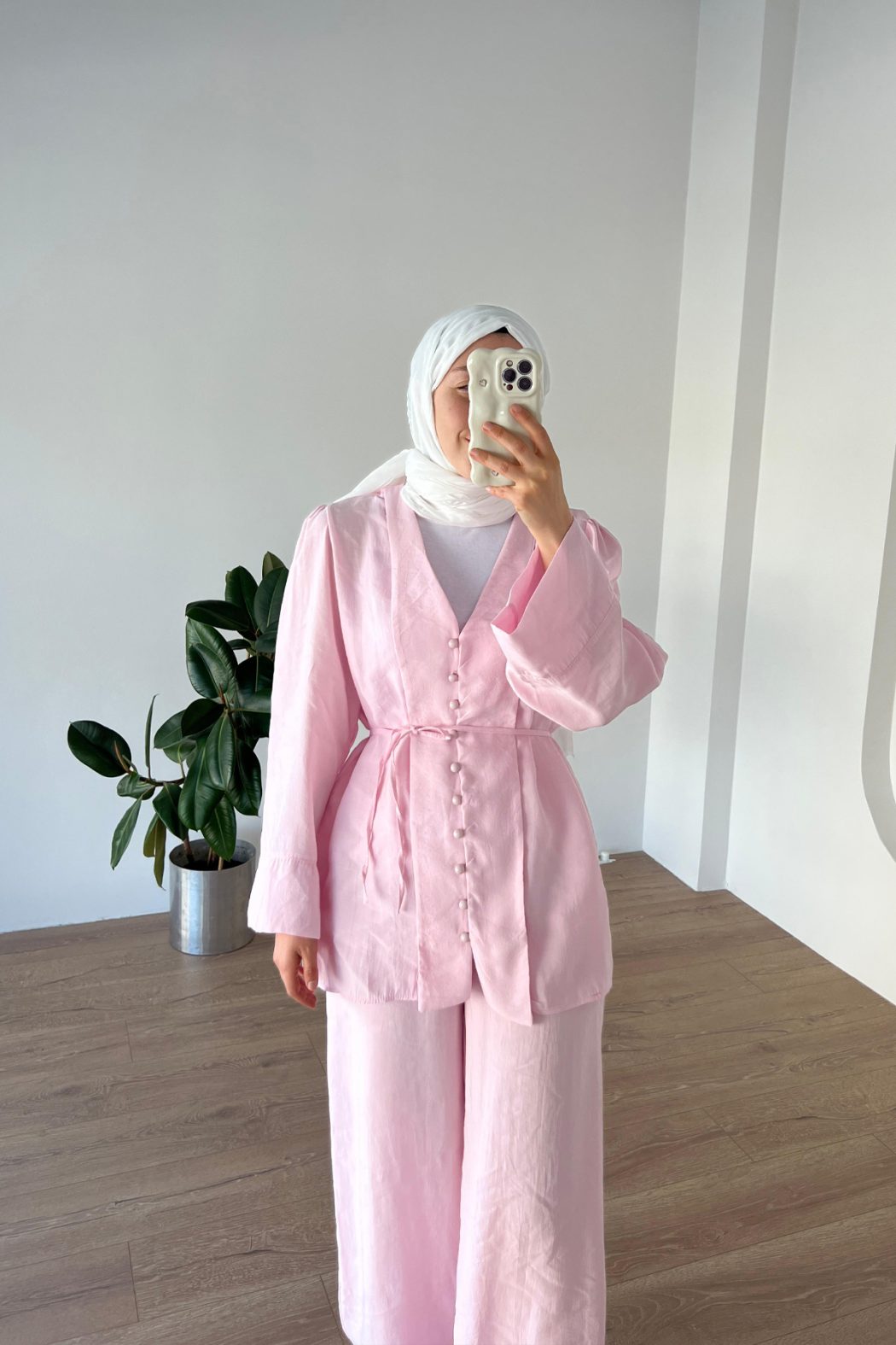 Önden Düğmeli Modal Takım Pembe - Görsel 4