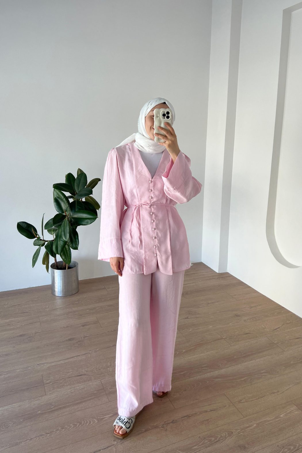 Önden Düğmeli Modal Takım Pembe - Görsel 1