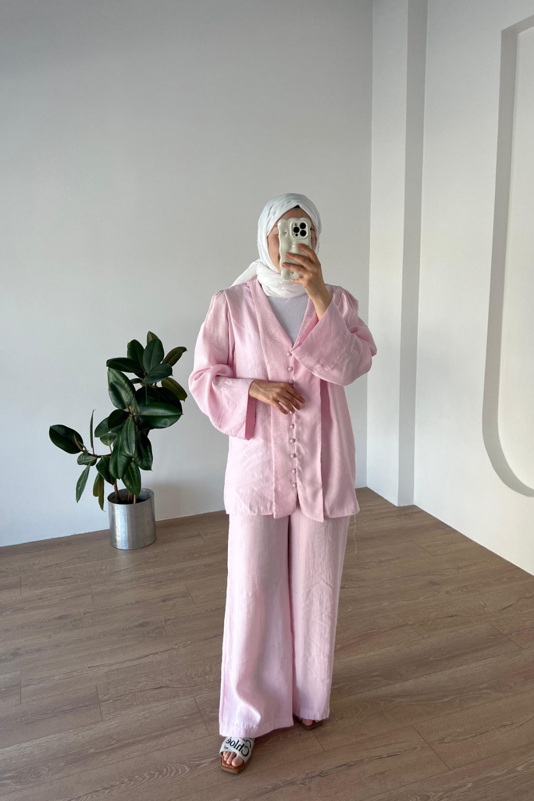Önden Düğmeli Modal Takım Pembe - Görsel 5