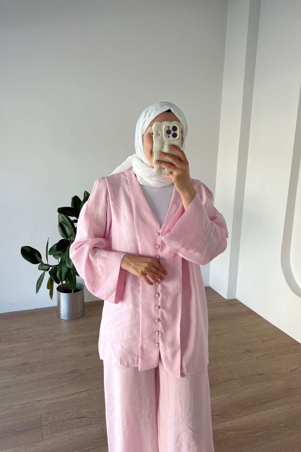 Önden Düğmeli Modal Takım Pembe - Görsel 6