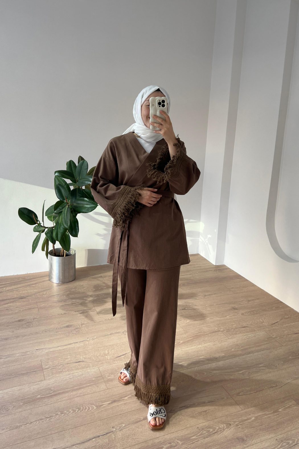Püsküllü Kimono Takım Kahve - Görsel 1