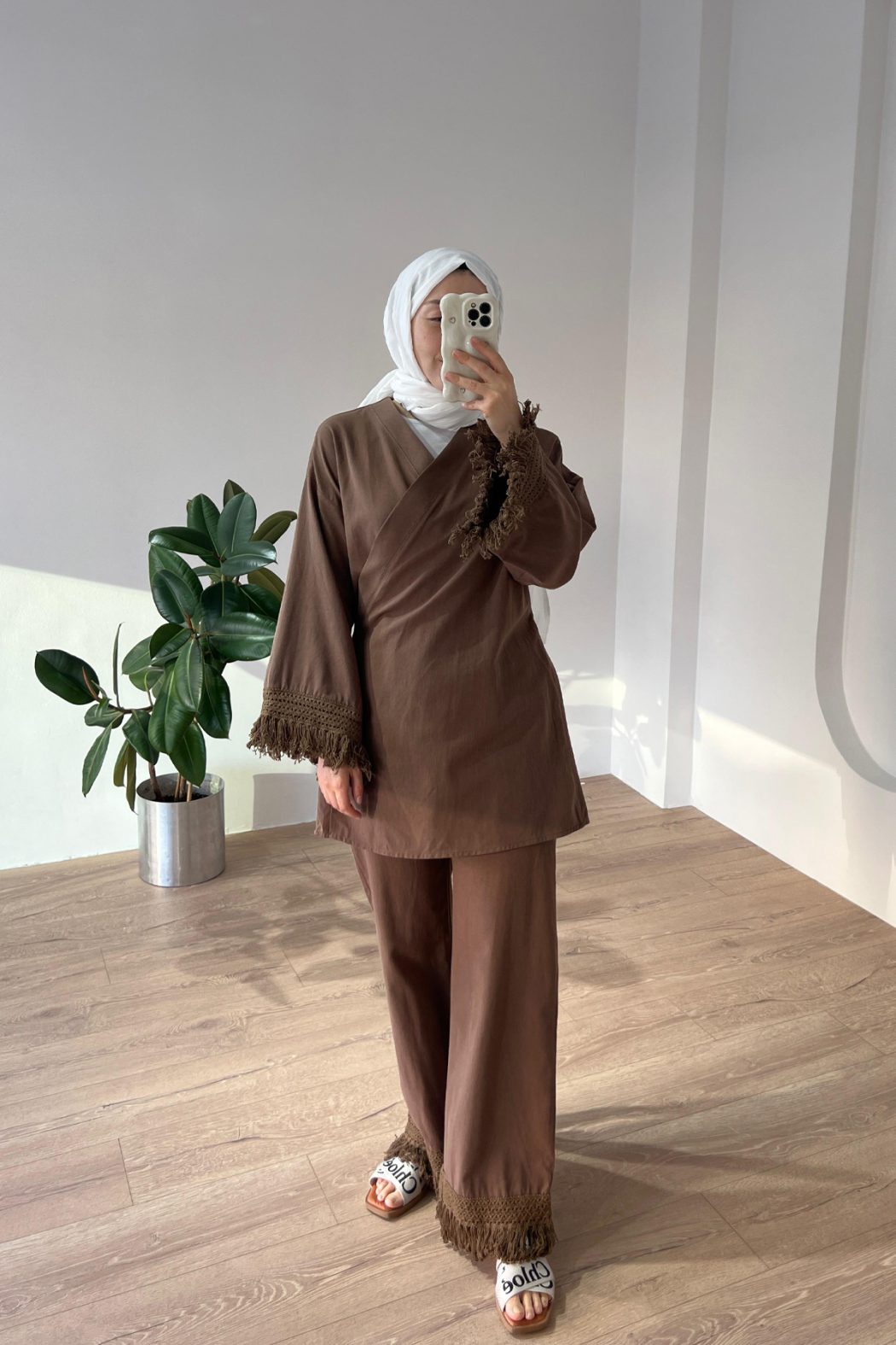 Püsküllü Kimono Takım Kahve - Görsel 2