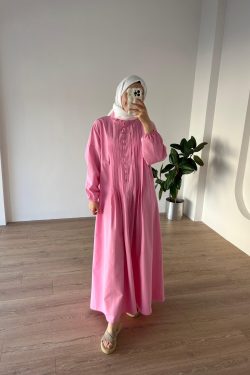 Nervürlü Poplin Elbise Pembe - Görsel 4