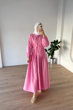 Nervürlü Poplin Elbise Pembe - Görsel 2