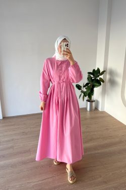 Nervürlü Poplin Elbise Pembe