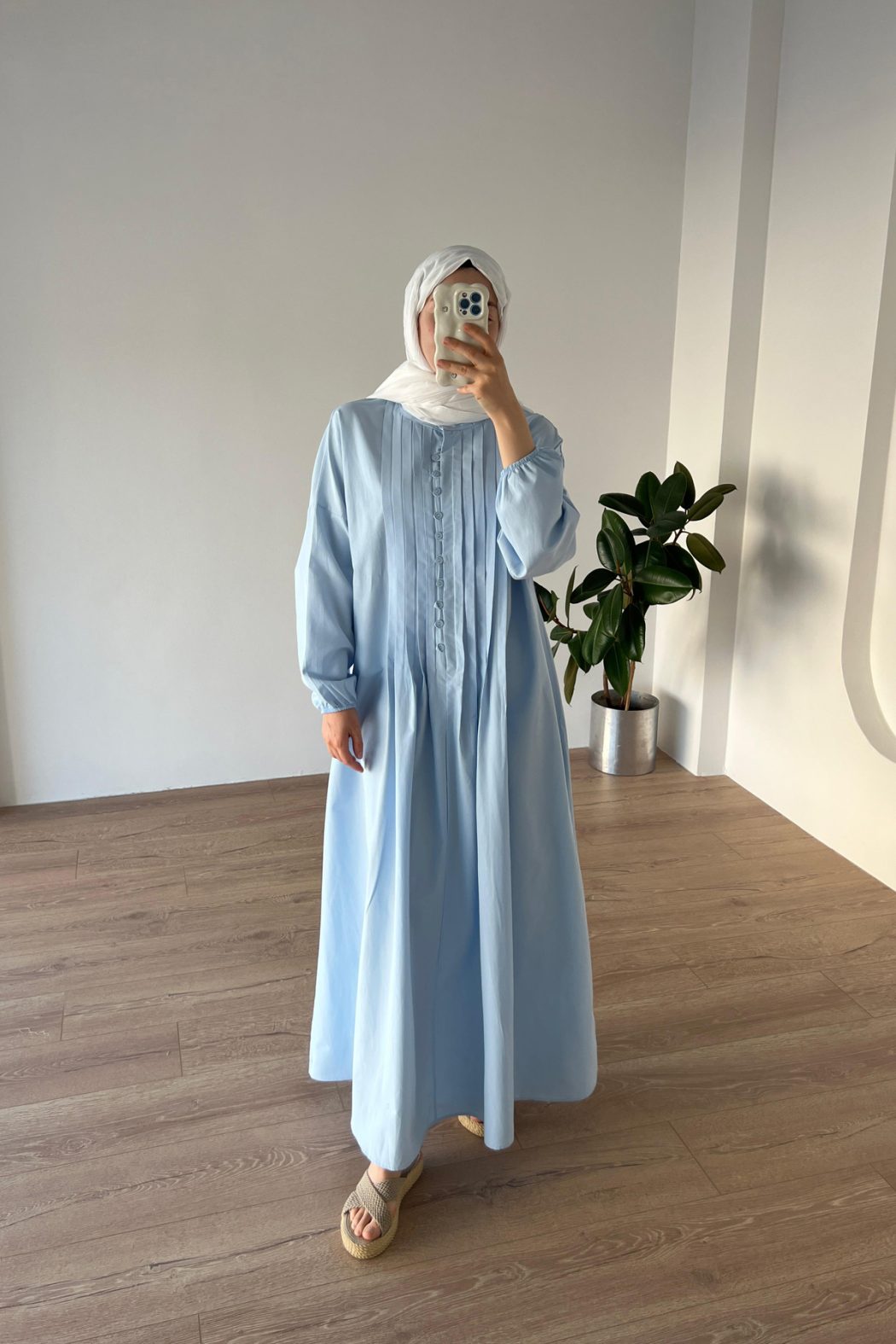 Nervürlü Poplin Elbise Buz Mavi - Görsel 5
