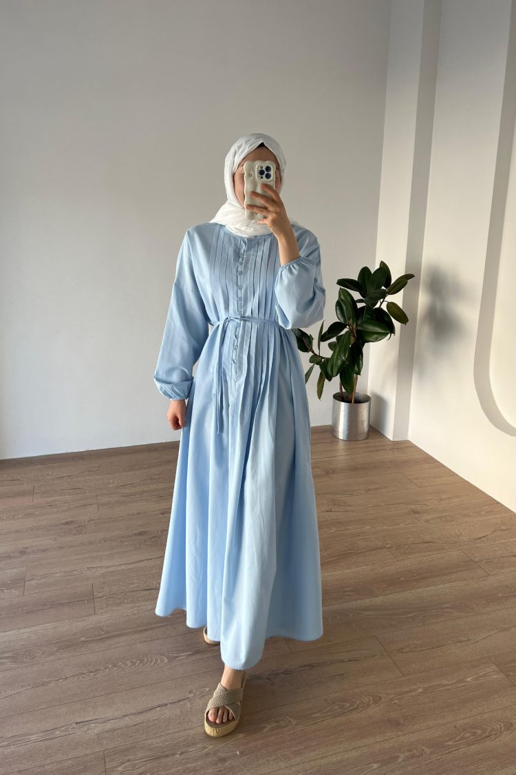 Nervürlü Poplin Elbise Buz Mavi