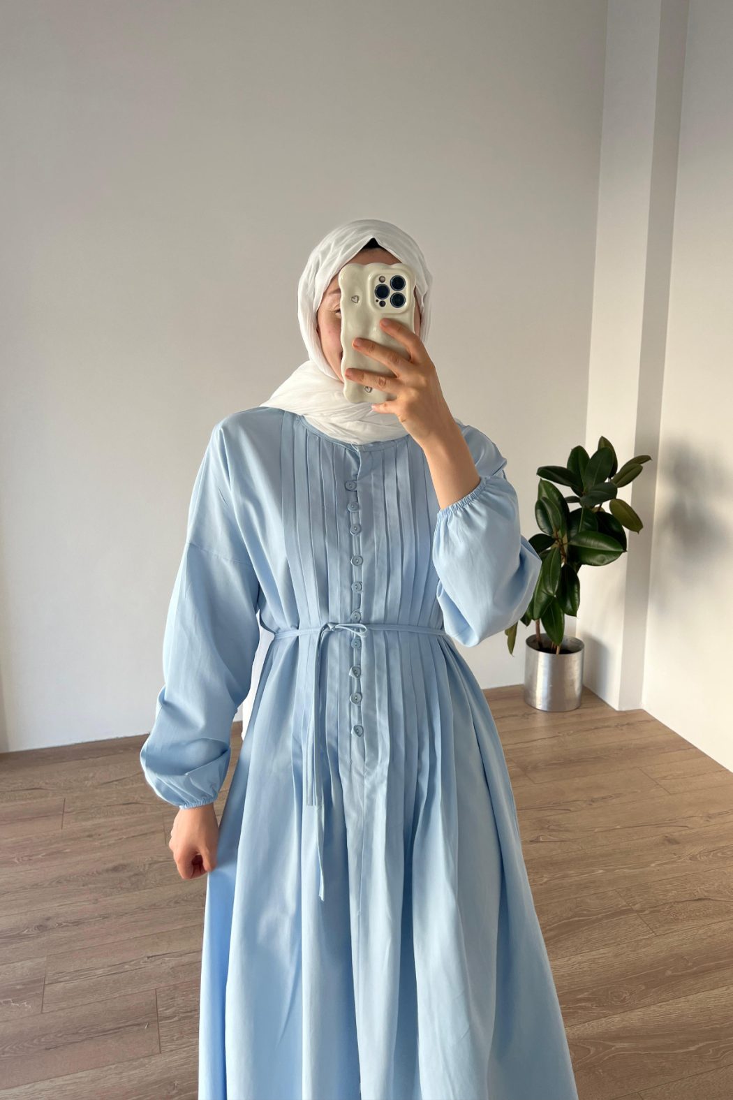 Nervürlü Poplin Elbise Buz Mavi - Görsel 4