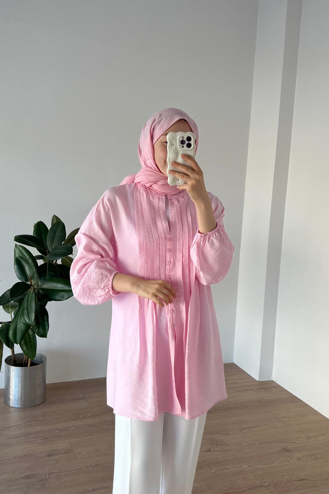 Nervürlü Pamuklu Gömlek Pembe - Görsel 5