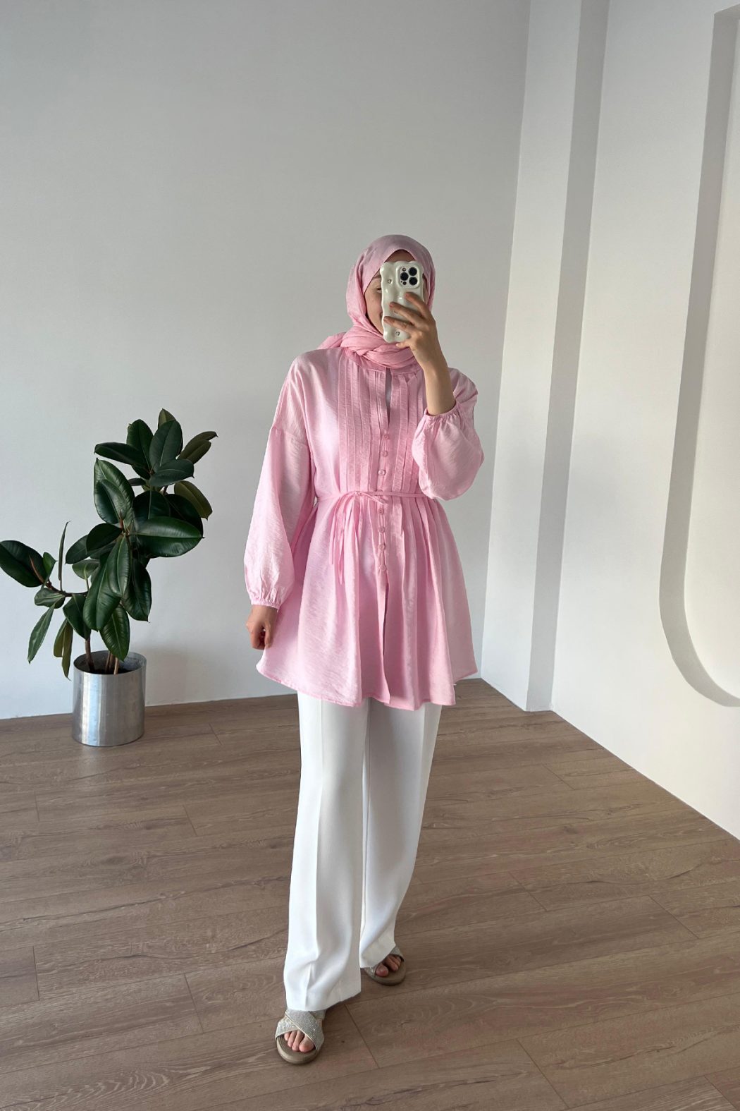 Nervürlü Pamuklu Gömlek Pembe - Görsel 4