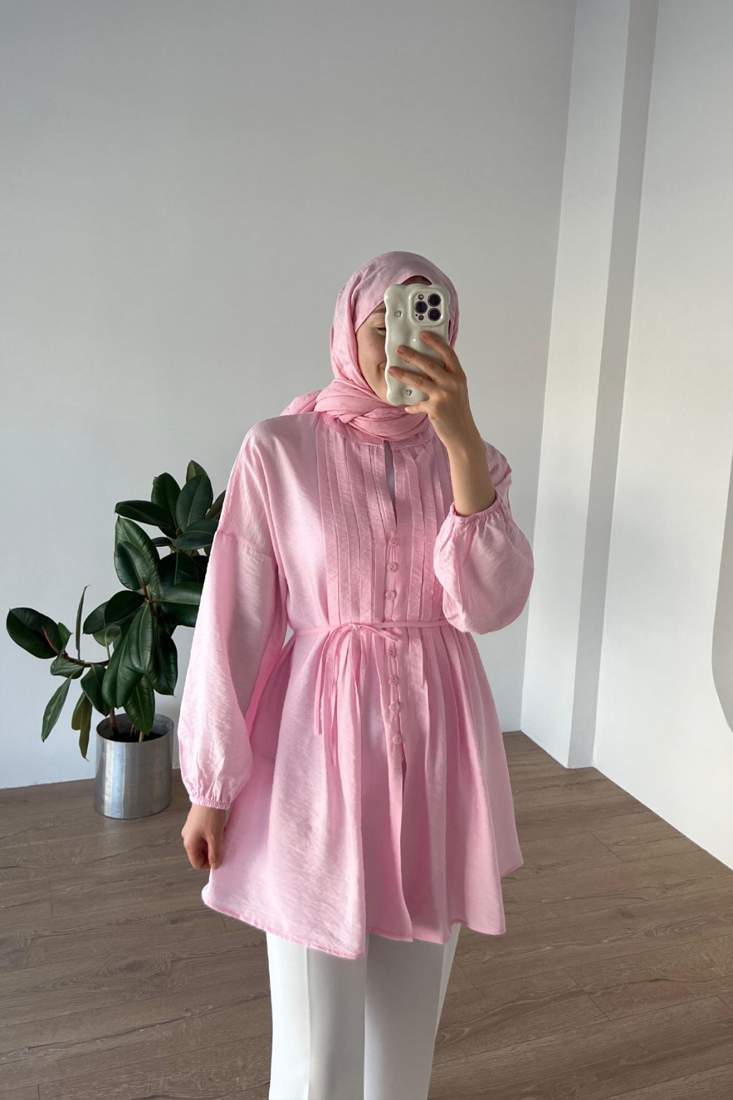 Nervürlü Pamuklu Gömlek Pembe - Görsel 3