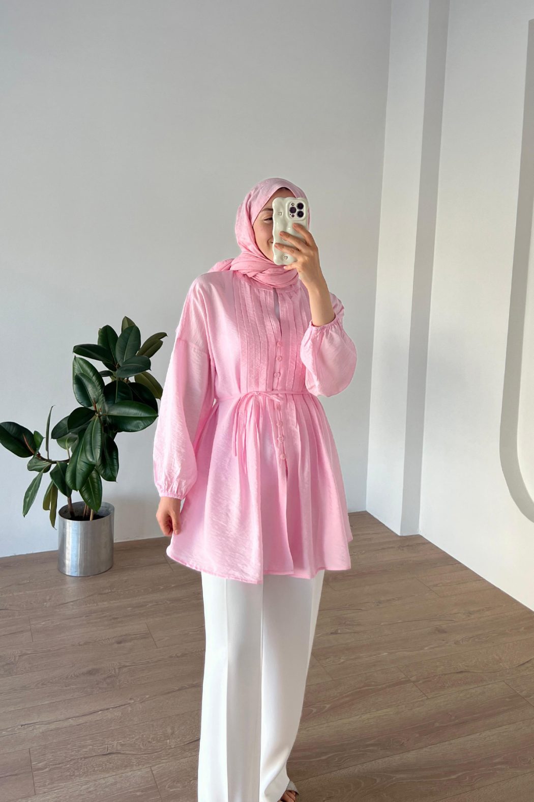 Nervürlü Pamuklu Gömlek Pembe - Görsel 1