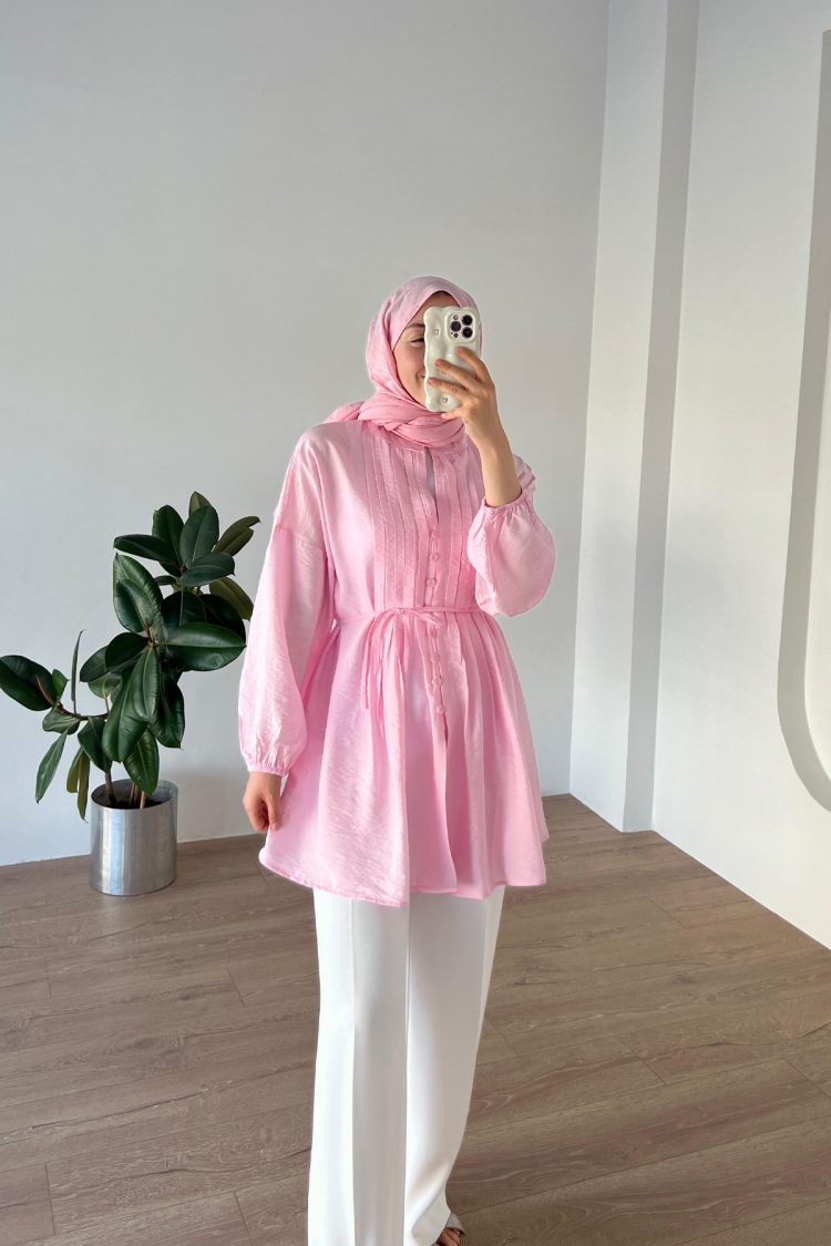 Nervürlü Pamuklu Gömlek Pembe