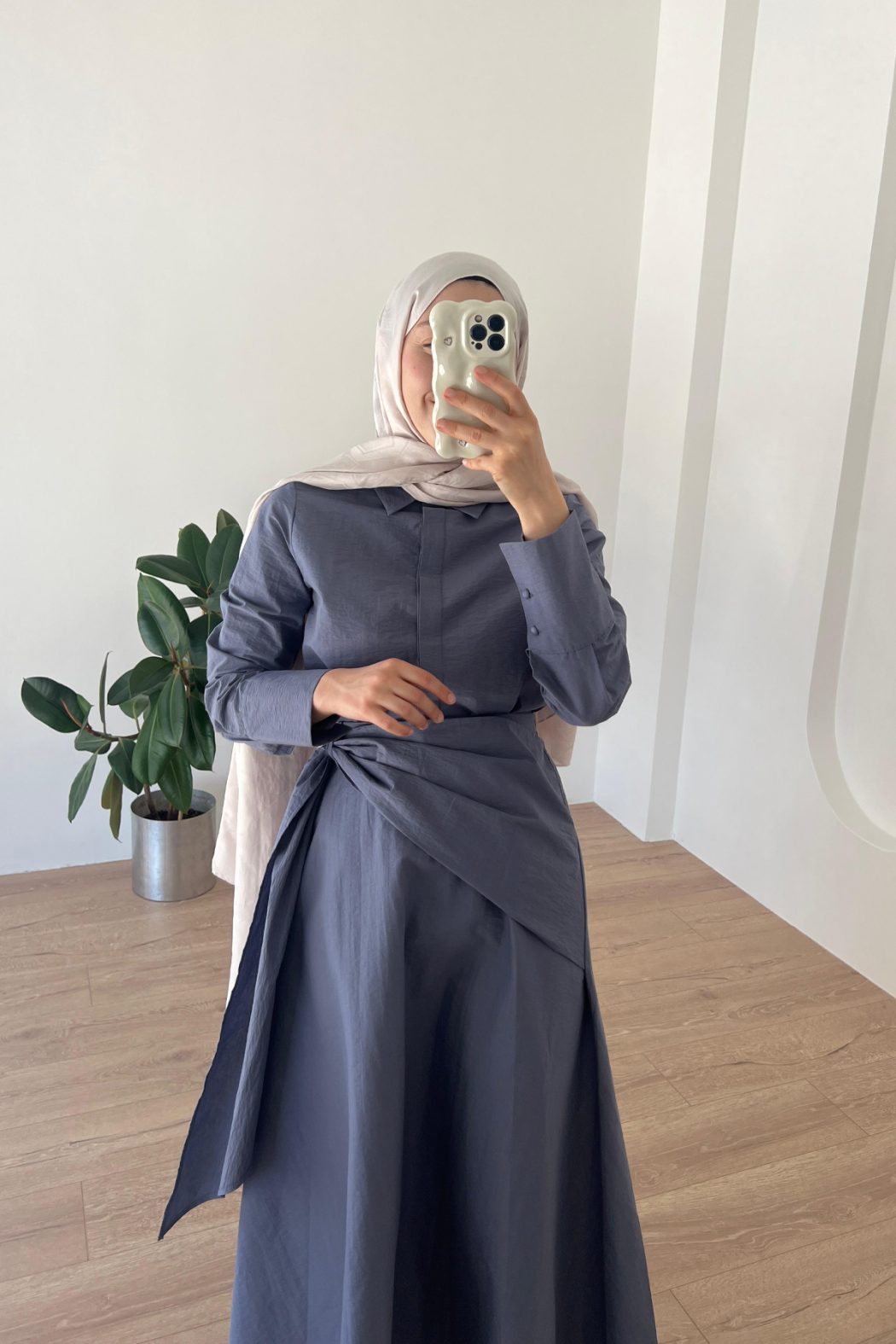 Beli Kuşaklı Etekli Takım Duman Mavi - Görsel 4