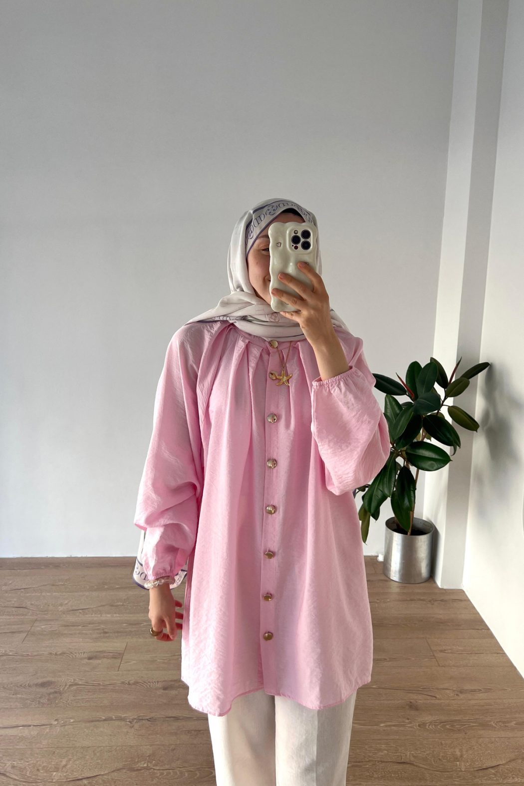 Yakası Pileli Vual Gömlek Pembe - Görsel 4